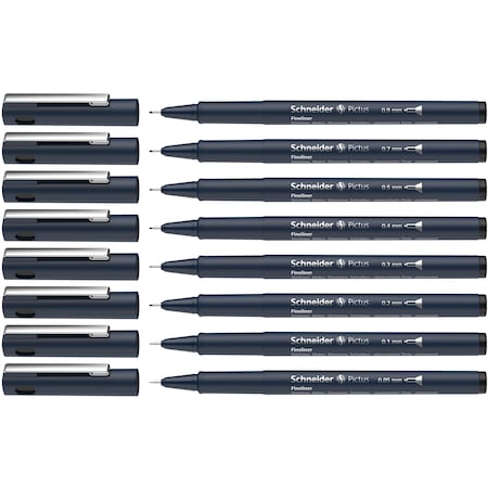 Schneider Pen Pictus Fineliners, Wallet, Black Ink, Assorted Sizes, 8PK 197598